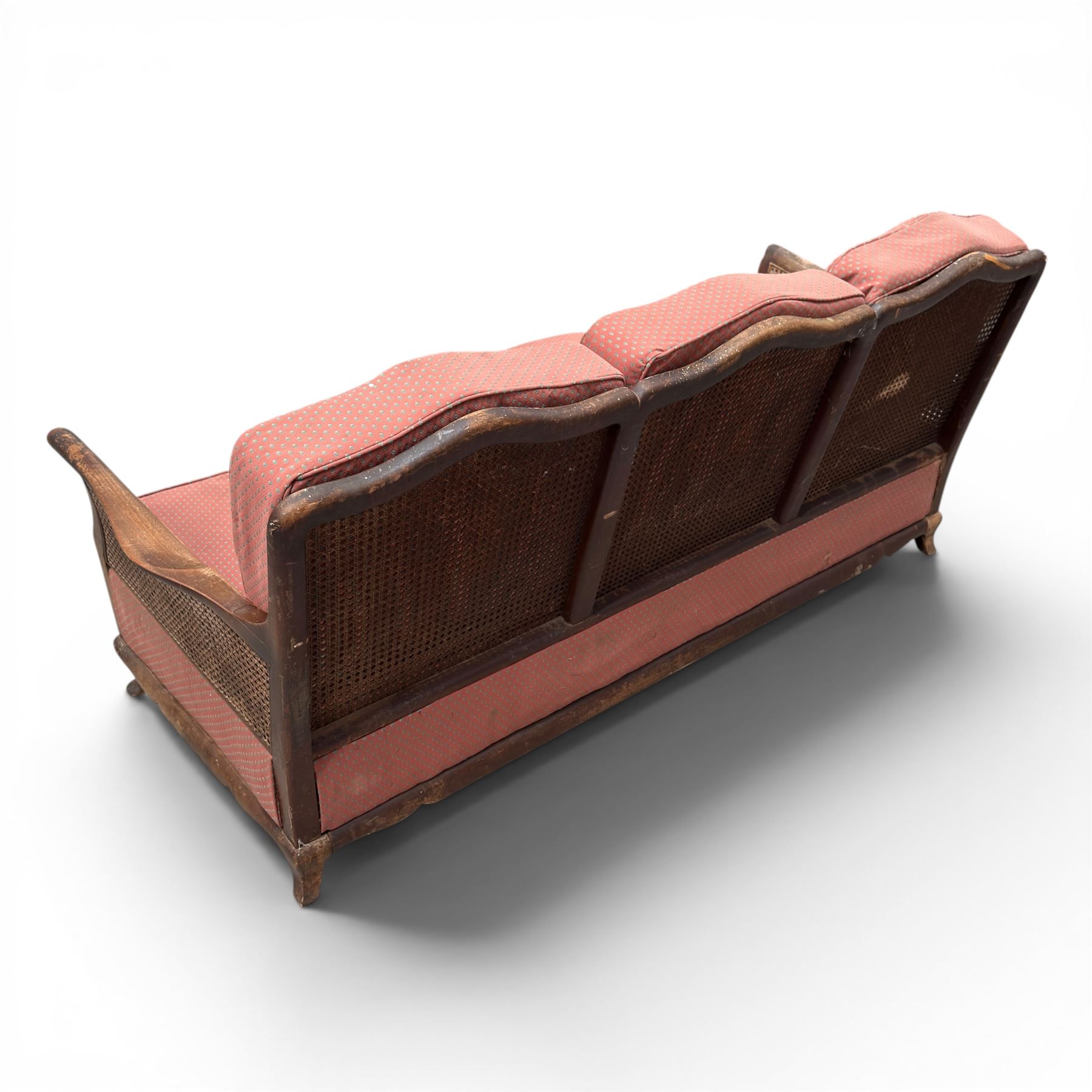 Early 20th century French style bergère conservatory suite, canework back and sides with red upholstered loose seat cushions, on cabriole feet