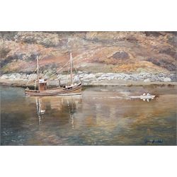 John Heseltine (British 1923-2016): Boat at Anchor in Sunny Bay, oil on canvas signed 29cm x 44cm