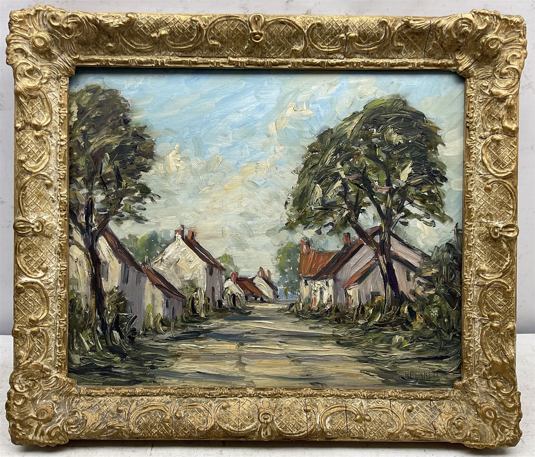 Harold Bennett (British 1879-1955): 'The Village Street Folkton' near Scarborough, oil on panel signed, titled verso 31cm x 39cm