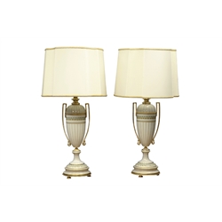  Pair Italian porcelain Mangani table lamps, of classical urn form with applied twin handles, painted bands of bell shaped flowers and  gilt work, beaded and acanthus leaf gilt-brass mounts with silk part pleated shades, H78cm overall  (This item is PAT tested - 5 day warranty from date of sale)  