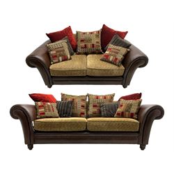 DFS - 'Perez' three-seat sofa (W222cm, H90cm, D105cm); and matching two-seat sofa (W188cm); upholstered in stitched brown fabric with patterned contrasting fabric cushions