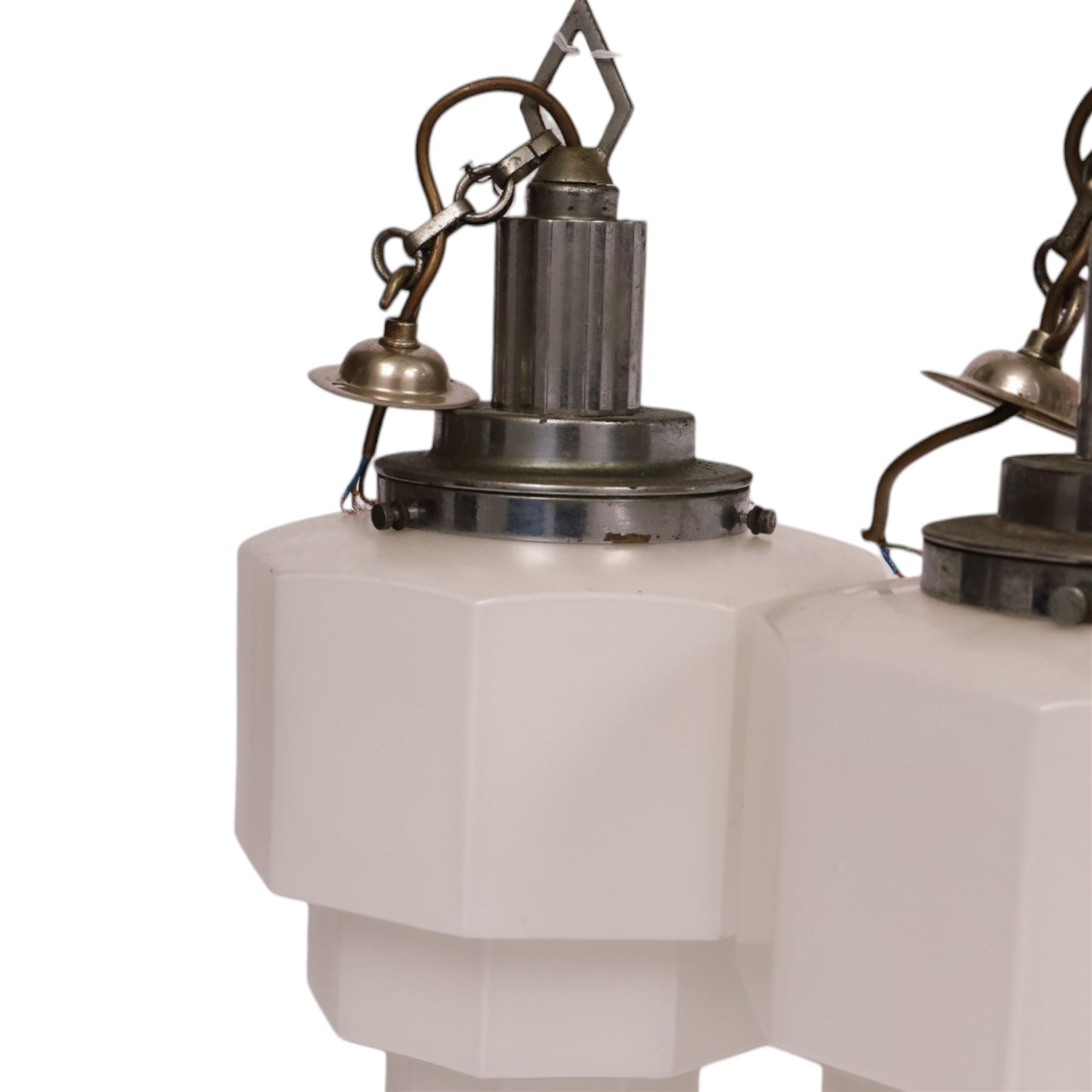 Pair of  mid-century milk glass nonagon ceiling light fittings, together with one other, pair H45cm