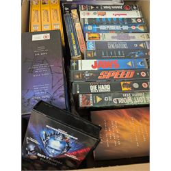 Collection of Sci-Fi and other classic film and TV VHS tapes, DVDs and Blu Rays, including Buffy, Doctor Who, Angel, etc, in four boxes