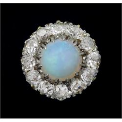 Early 20th century opal and old cut diamond cluster ring, stamped 18ct Plat, total diamond weight approx 1.00 carat