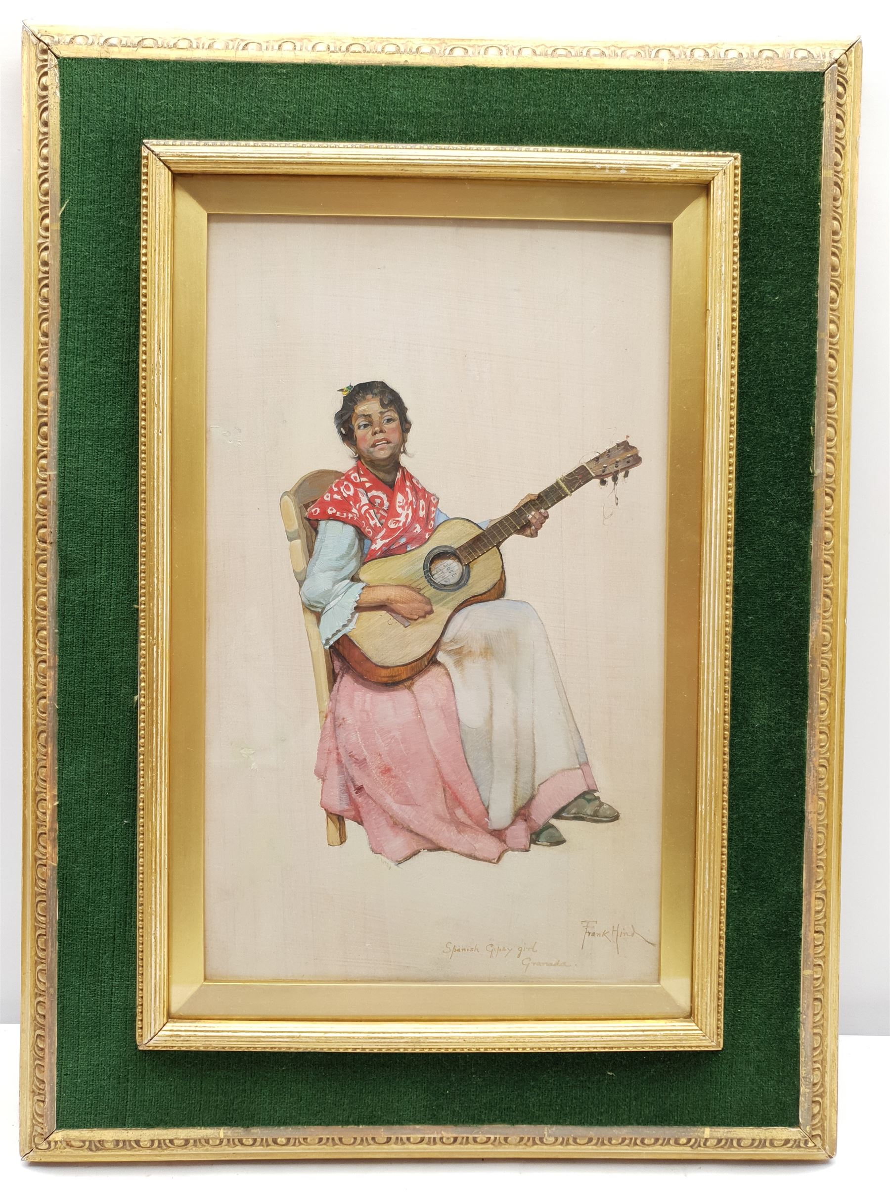 Frank Hind (British exh.1884-1904): 'Spanish Gipsy Girl Granada', oil on panel signed and titled, further signed and titled verso 38cm x 23cm
