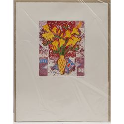 Tanya Short (British 1955-): 'Freesias', coloured etching signed titled and numbered 14/75, 15cm x 12.5cm; J Ortega (Contemporary): Iris and Tulip, pair coloured aquatints signed and numbered 50cm x 10cm (3) (unframed)