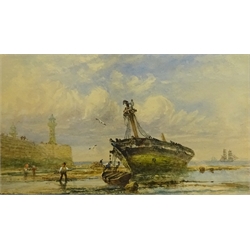 Richard Weatherill (British 1844-1923): The Entrance to Whitby Harbour at Low Tide, watercolour signed 18cm x 30cm