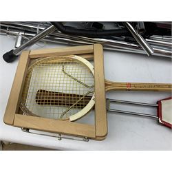  Wilson T2000 metal racket, with leather bound handle, together with a badminton rack, Guitar stand, together with two microphones, recorders, yoga mats etc 