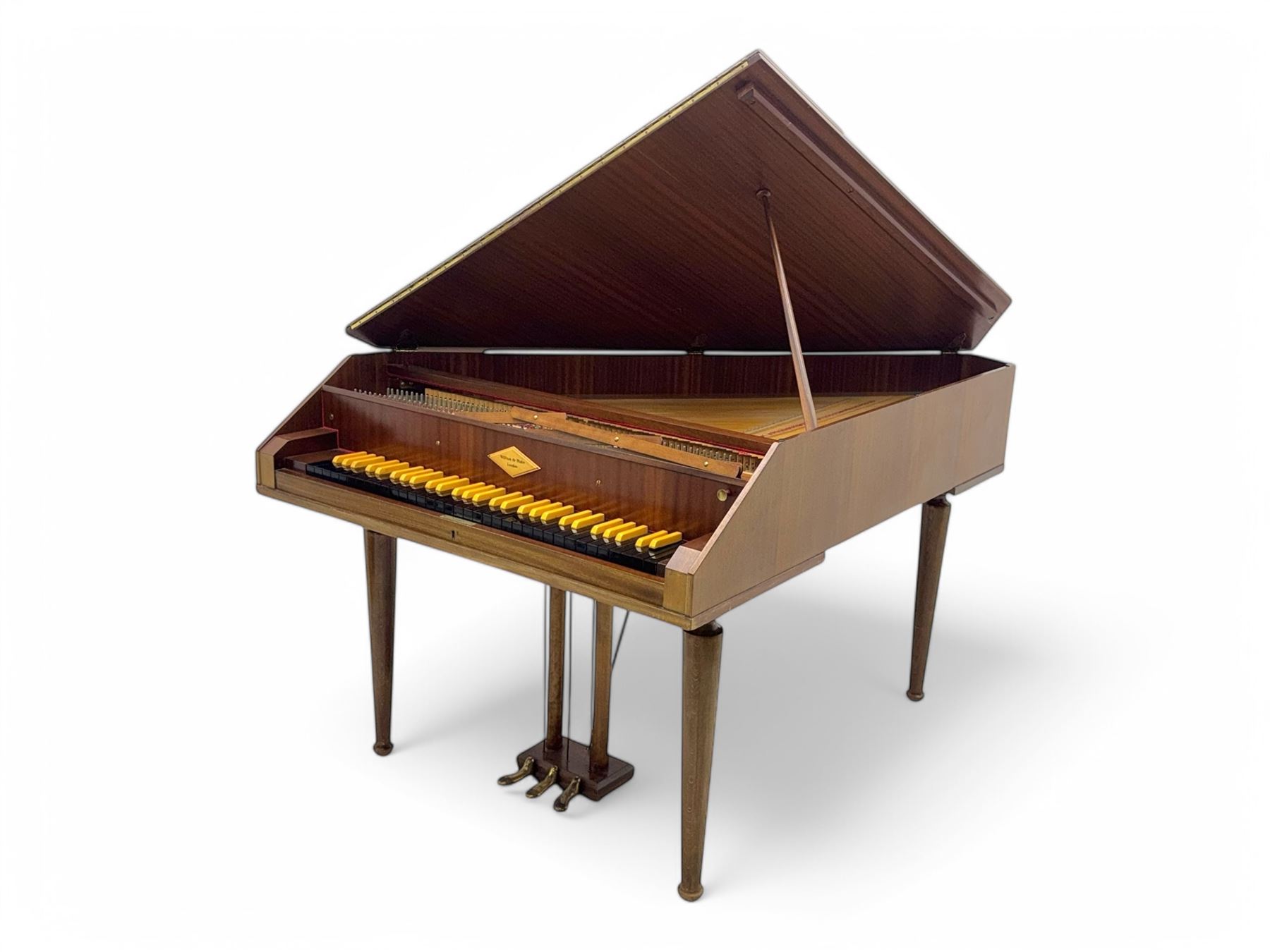 William de Blaise of London- mid 20th century Cembalo Traverso one manual Harpsichord in a teak case, with a five octave F1-f3 compass, two sets of strings and two rows of jacks, with three pedals and one hand stop, with one 8' and one 4', harp and piano to to 8', with a folding music desk and key fall, tuning key and tuning fork.
