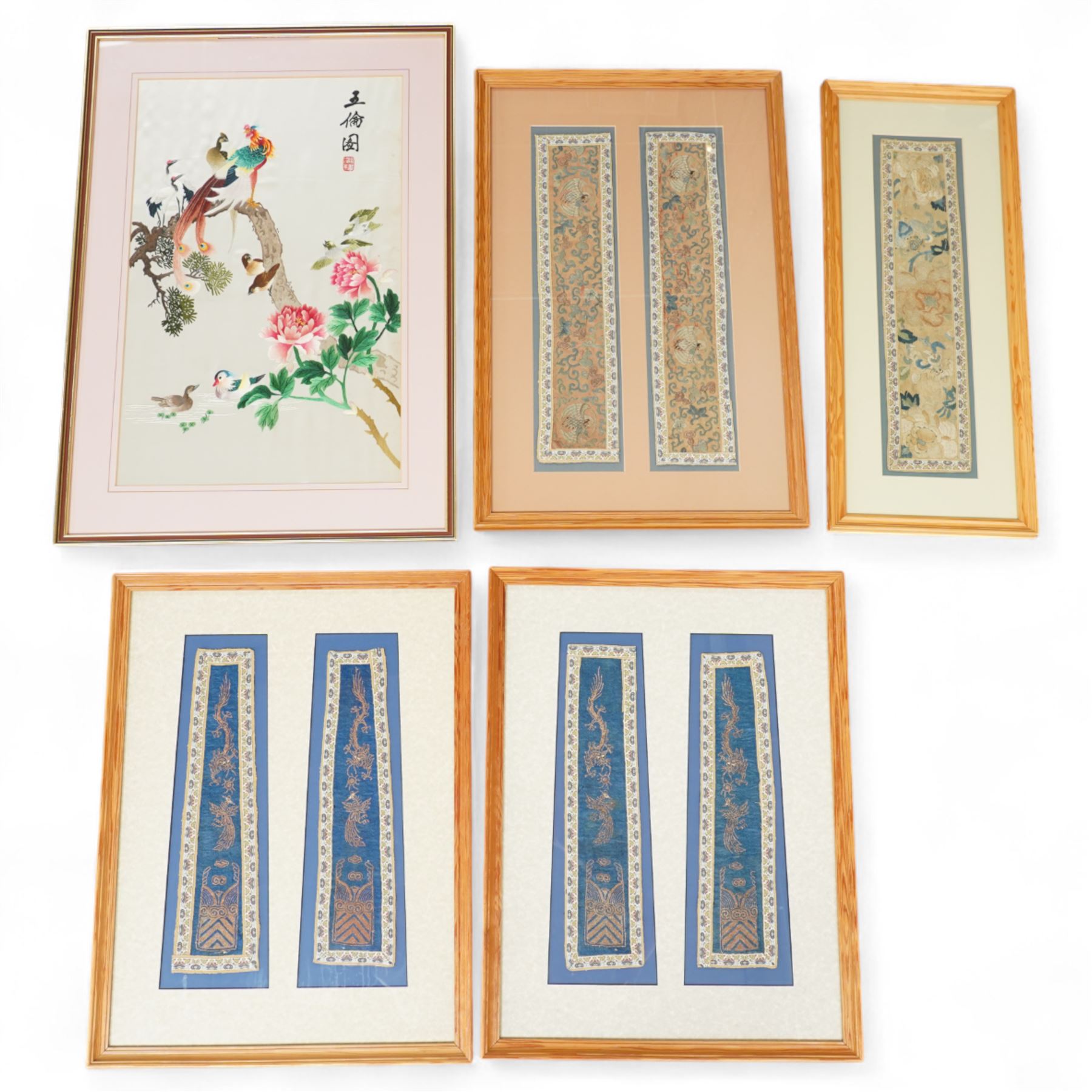 Collection of embroidered Chinese silk tapestries and collars, 19th century and later, all framed, largest 54cm x 34cm (5)