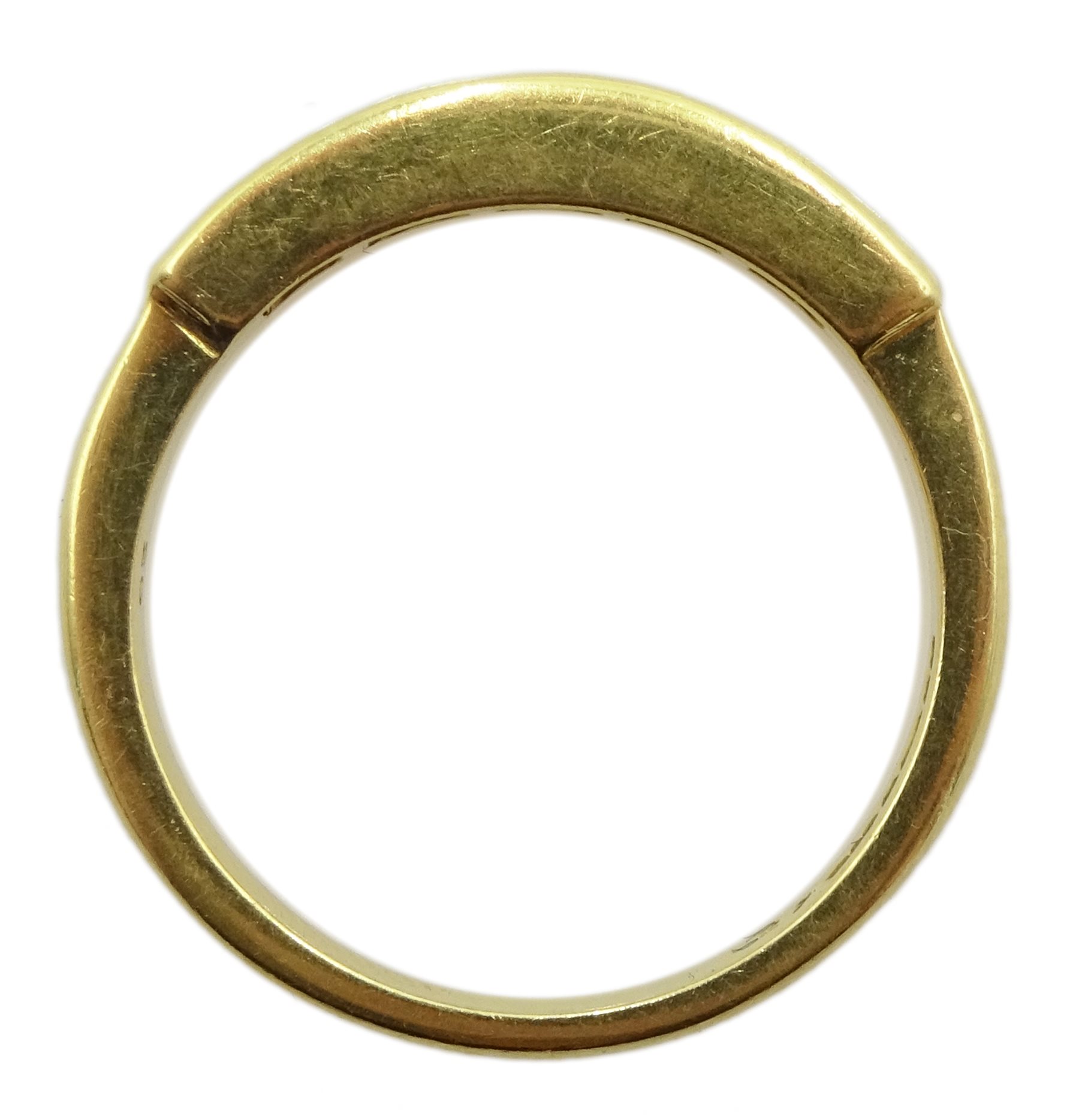 18ct gold princess cut emerald and diamond half eternity ring, London 1989