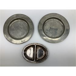 Two late 18th century/early 19th century pewter plates with ‘London’ and ‘X’ touchmarks to reverse, quantity of jewellery to include silver jewellery including Marcasite ring stamped silver, butterfly wing brooch stamped sterling, butterfly wing pendant, Wedgwood Jasper ware silver ring, other metalware etc