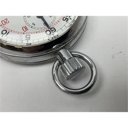 Nero Lemania - Royal Air Force type military stopwatch, outer black register for 60 seconds with 1/5th seconds divisions, inner red register to 100 with 1/10 divisions, subsidiary dial recording to 30 minutes, signed and marked with Broad Arrow, case back engraved '0552/521-3169' Broad Arrow '152/70'; together with a Balmaster Antichoc 1/10 4 Rubis stopwatch (2)