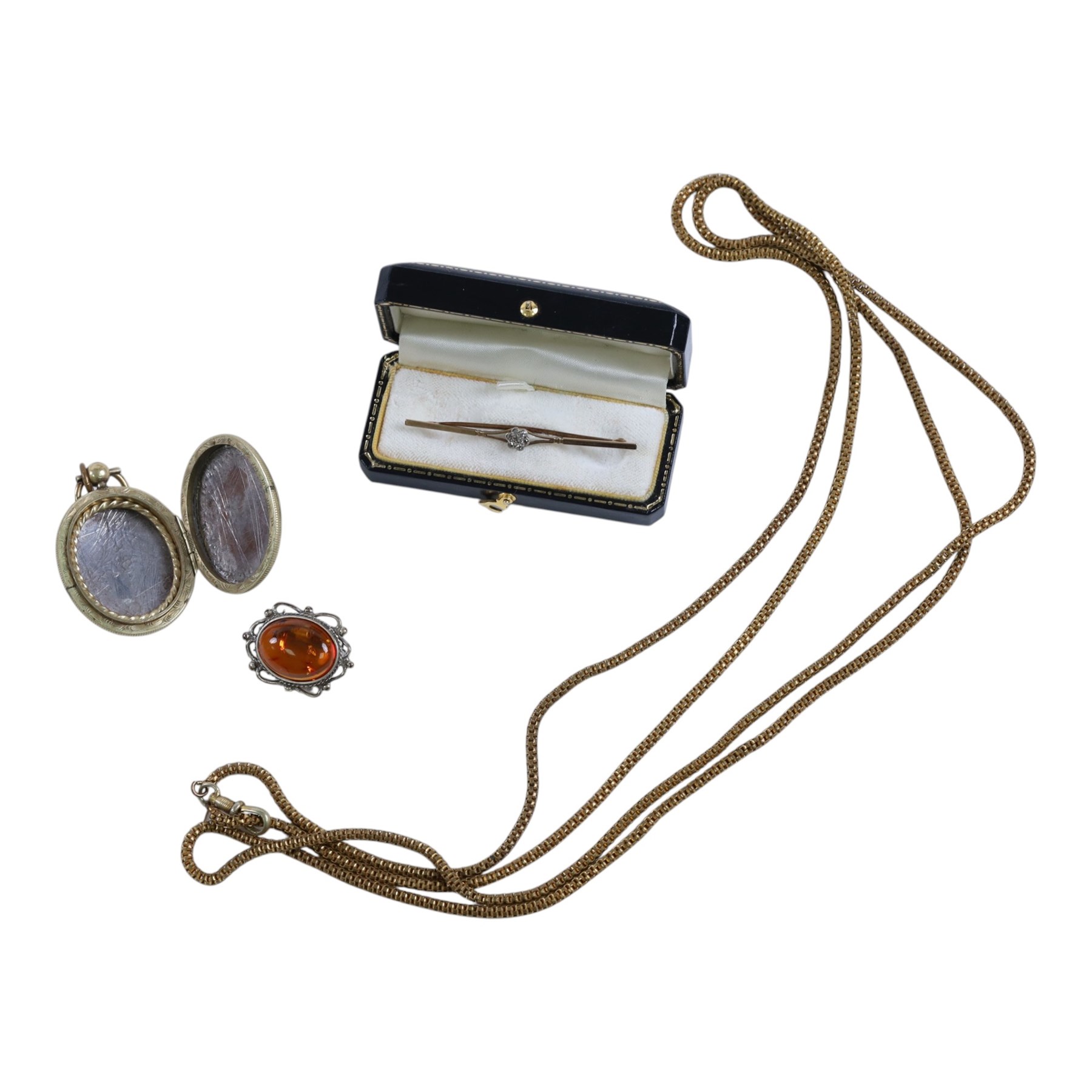 9ct gold diamond flower cluster bar brooch, stamped 9ct, together with costume jewellery to including locket, watch chain and brooch