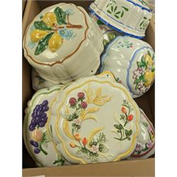 Collection of ceramic moulds, including Franklin Mint Le Cordon Bleu examples, Cauldon tureen, large tray, Delft charger, etc in two boxes