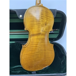 Late 19th century continental violin, possibly Italian, with 36cm two-piece maple back and ribs and spruce top, bears label 'Antonius Stradivarius Anno 1721', 60cm overall; in modern carrying case with silver mounted pernumbuco bow