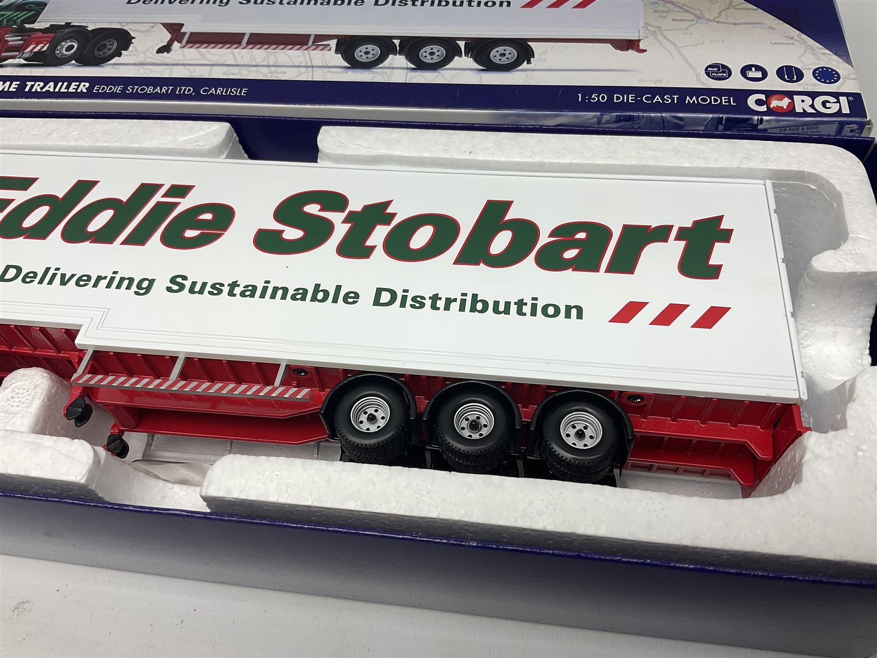 Corgi Eddie Stobart - two special edition Hauliers of Renown; CC13754 Scania R Facelift Box Step Frame Trailer and CC13756 Scania R (Rear Tag) Moving Floor Trailer; and limited edition Hauliers of Renown CC13747 Scania R (Face Lift) Super Curtainside Trailer; all boxed (3)