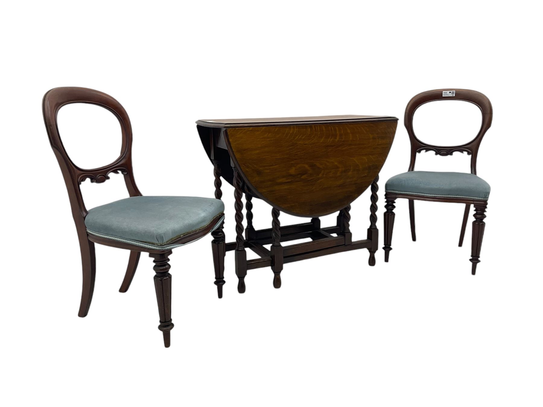 Pair of Victorian mahogany balloon back dining chairs (W49cm); 20th century oak drop-leaf dining table (W92cm); three small children's chairs (6)