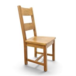 Indigo Furniture - large rustic oak dining table, rectangular four plank top raised on square supports; with set of six beech high ladder-back dining chairs