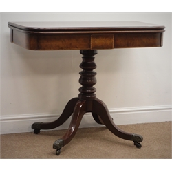  19th century mahogany rectangular folding tea table, turned column, with four brass capped supports on castors, W91cm, H74cm, D90cm  
