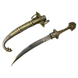 Moroccan jambiya dagger, the 22cm curving steel blade with ornate brass and white metal hilt, and matching ornate brass and white metal scabbard with two suspension rings L41cm overall