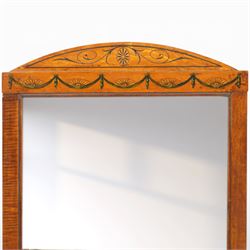 19th century satinwood wall mirror, the rectangular plate within a painted frame decorated with swags, fans and scrolling ornament beneath shaped pediments
