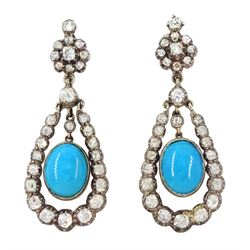 Pair of 19th / early 20th century gold and silver turquoise and old cut diamond pendant earrings, detachable oval cabochon turquoise pendants suspended within graduating diamond surround, total diamond weight approx 2.40 carat