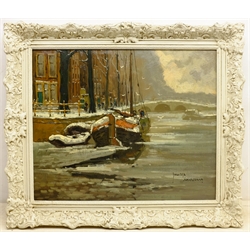 J Van Dijk (Dutch 20th century): 'Amsterdam', oil on canvas signed and titled 48cm x 58cm