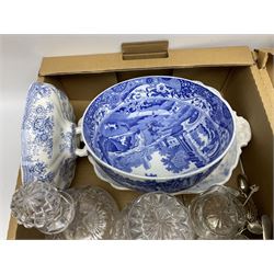 Spode Italian pattern bowl, together with quantity of silver-plated metalware and glassware, brass candlesticks etc in three boxes