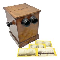 Mahogany tabletop Stereo viewer, with four Valentine Blancherd stereograph views of London, H32cm