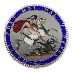  George III silver crown coin brooch, later enamel decoration depicting St George slaying the dragon  