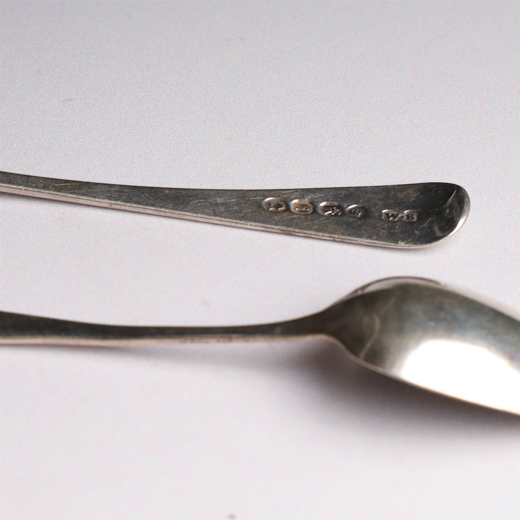 Set of six William IV silver teaspoons, engraved with monogram to terminal, hallmarked William Bateman I, London 1824, together with a set of five George III silver teaspoons, engraved with initials, hallmarked Peter & William Bateman, London 1806