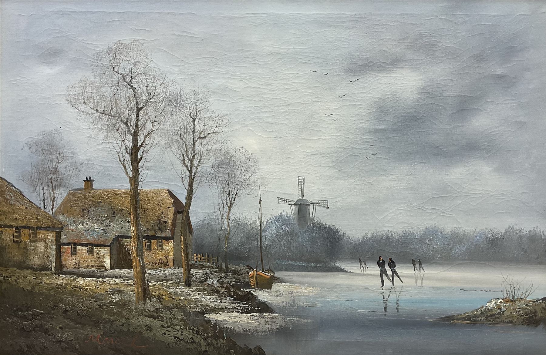 Continental School (20th century): Ice Skating on Dutch Canal, oil on canvas indistinctly signed 59cm x 89cm 