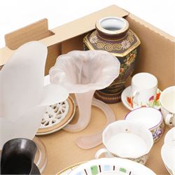 Fieldings Crown Devon items including fruit bowl, five dessert bowls and teapot, Poole pottery preserve jar, Sylvac posy holder, Frosted art glass tulip vase, similar lily vase, two Belleek saucers, assorted cups and saucers etc contents in two boxes