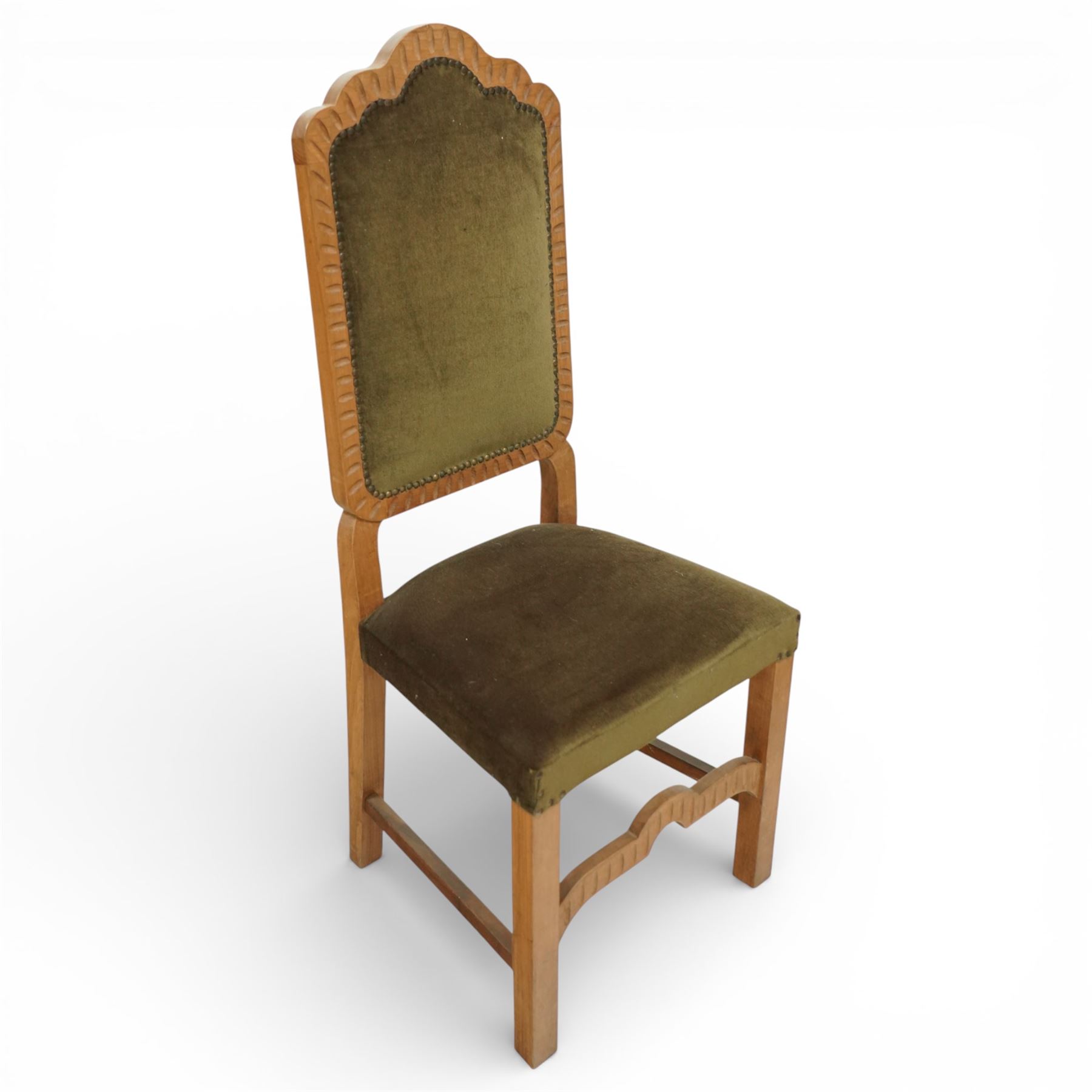 20th century set of eight dining chairs, high back form with shaped and scalloped back rails enclosing upholstered panels, matching upholstered seats, on square legs with shaped apron stretchers