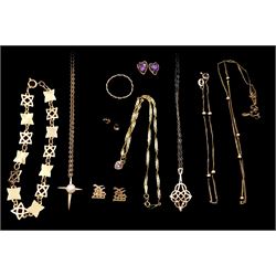 Collection of 9ct gold jewellery including cubic zirconia heart bracelet, pearl cross pendant necklace, Celtic design pendant necklace, bead necklace and matching bracelet, star link bracelet, three pairs of stud earrings and a lattice design ring, all 9ct 