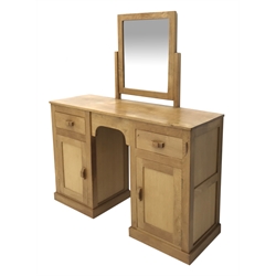 'Lizardman' oak dressing table, two drawers and two panelled cupboards, raised swing mirror, by Derek Slater of Crayke, W110cm, H134cm, D38cm