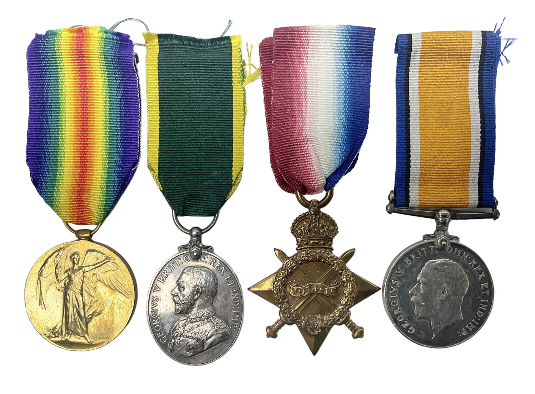 WW1 group of three medals comprising British War Medal, 1914-15 Star and Victory Medal awarded to 1270 Dvr. J. Fisher A.S.C.; and Territorial Efficiency Medal to T4-214571 Dvr. J. Fisher R.A.S.C.; all with ribbons (4)