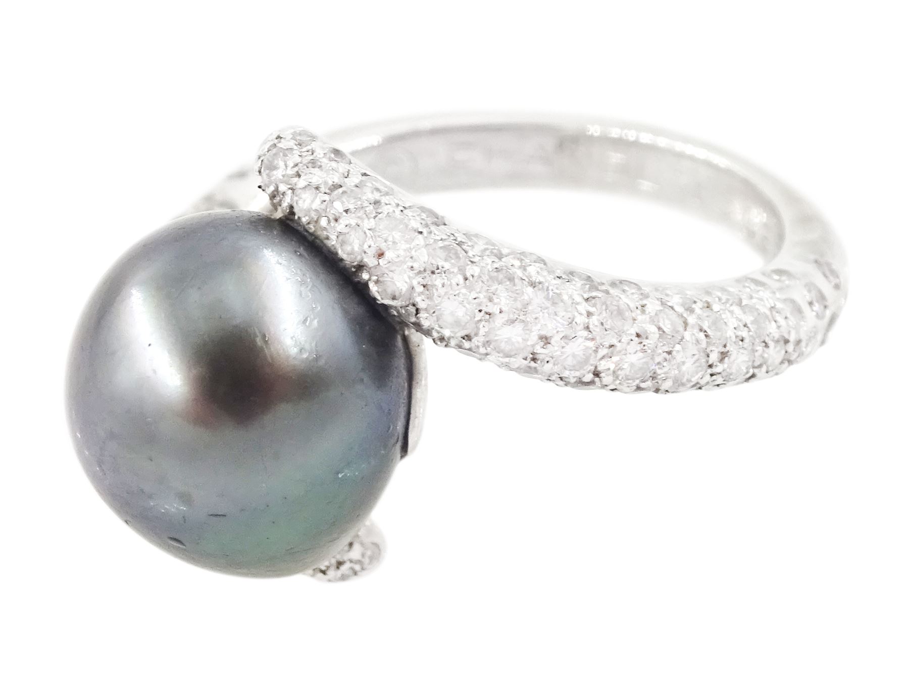 Chanel 18ct white gold pearl and diamond crossover ring, single cultured grey pearl, with pave set round brilliant cut diamond shoulders, hallmarked