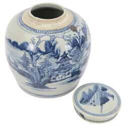 19th century Chinese blue and white ginger jar and cover, decorated with a pagoda in a landscape, H22cm 