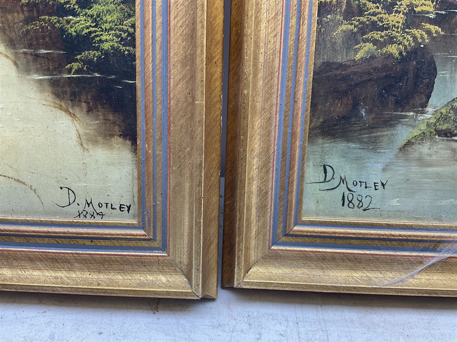 David Motley (British 19th century): River Landscape with Bridge and Angler, pair oils on board signed and dated 1882 & 1884, 40cm x 20cm (2)