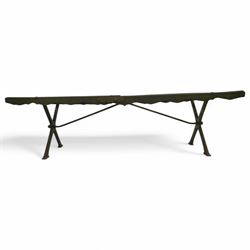 Two cast iron garden benches, rectangular seat with lozenge grate panels, on X-framed supports 