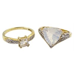 Gold trillion cut quartz ring, with stone set shoulders and a gold topaz ring, both hallmarked 9ct