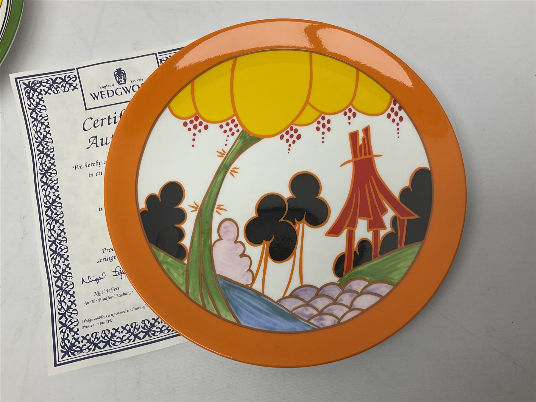 Thirteen Clarice Cliff Wedgwood limited edition plates, including Orange Roof Cottage, Summerhouse, Honolulu, Farmhouse etc, D20cm 