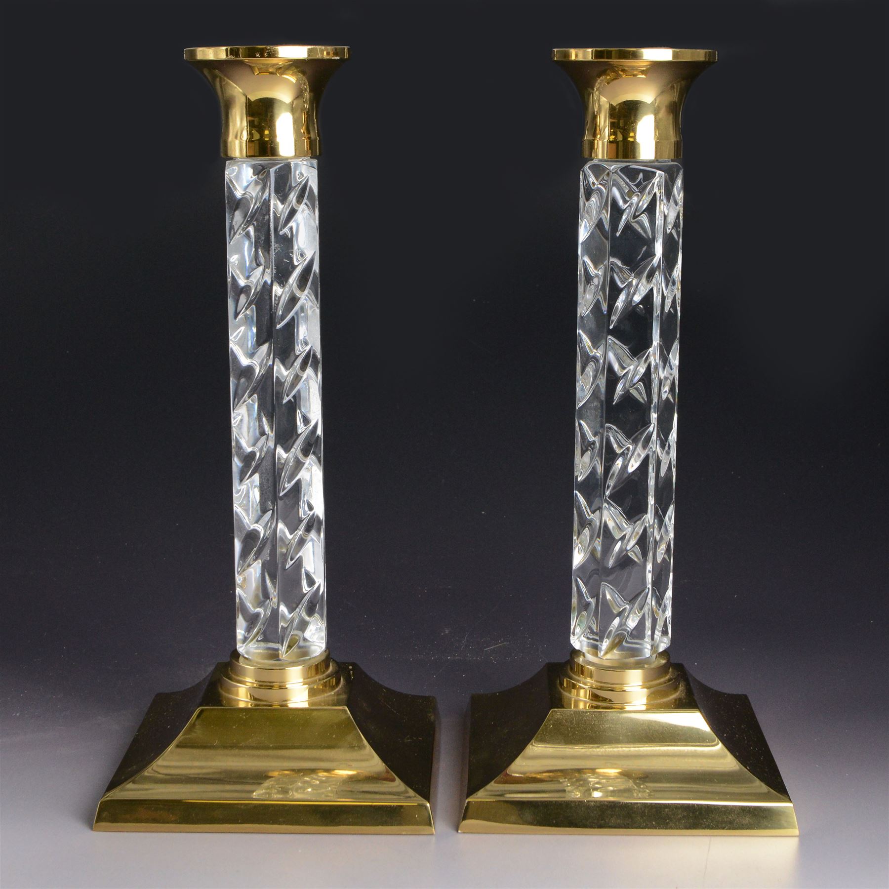 Pair of Waterford Cambridge cut glass and gilt metal candlesticks, H28cm