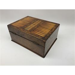 Victorian walnut sewing box, the hinged lid decorated with inlaid backgammon and cribbage board lifting to reveal lined compartmented interior with lift out tray