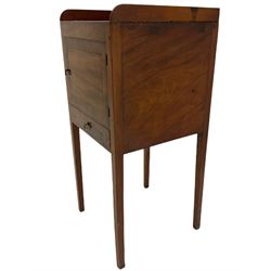 Early 19th century mahogany bedside pot cupboard, raised gallery back, enclosed by single door with band above single drawer, square supports