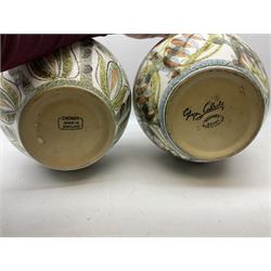 Three pieces of Denby stoneware, comprising Glyn Colledge vase,  H30cm, Glyn Colledge dish, D32cm, and further similar vase 