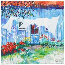 Ann Lamb (British 1955-): Laundry Drying in the Wind, acrylic on canvas signed 40cm x 40cm (unframed)