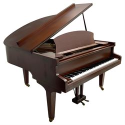 Challen - Sapele mahogany baby grand piano, with a 7-1/4 octave 88 key compass, iron frame with original stringing, hammer heads, dampers and tuning pins, Una cords and sustaining pedals (W146cm, H103cm, D152cm); together with matching duet stool (W92cm, H49cm, D35cm)